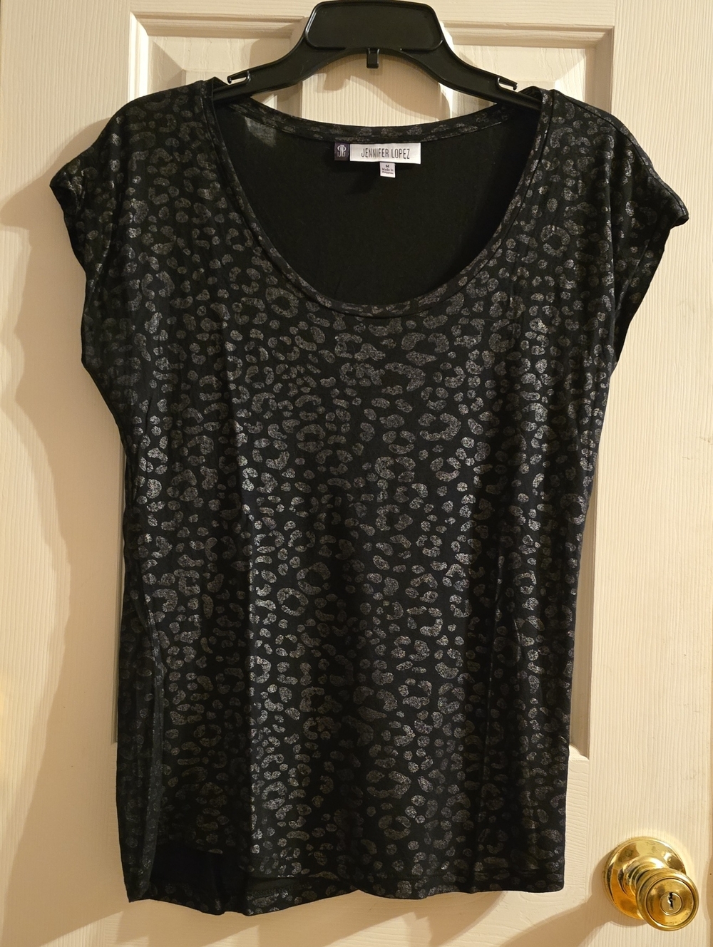Jennifer Lopez Black Metallic Leopard Scoop Neck Top